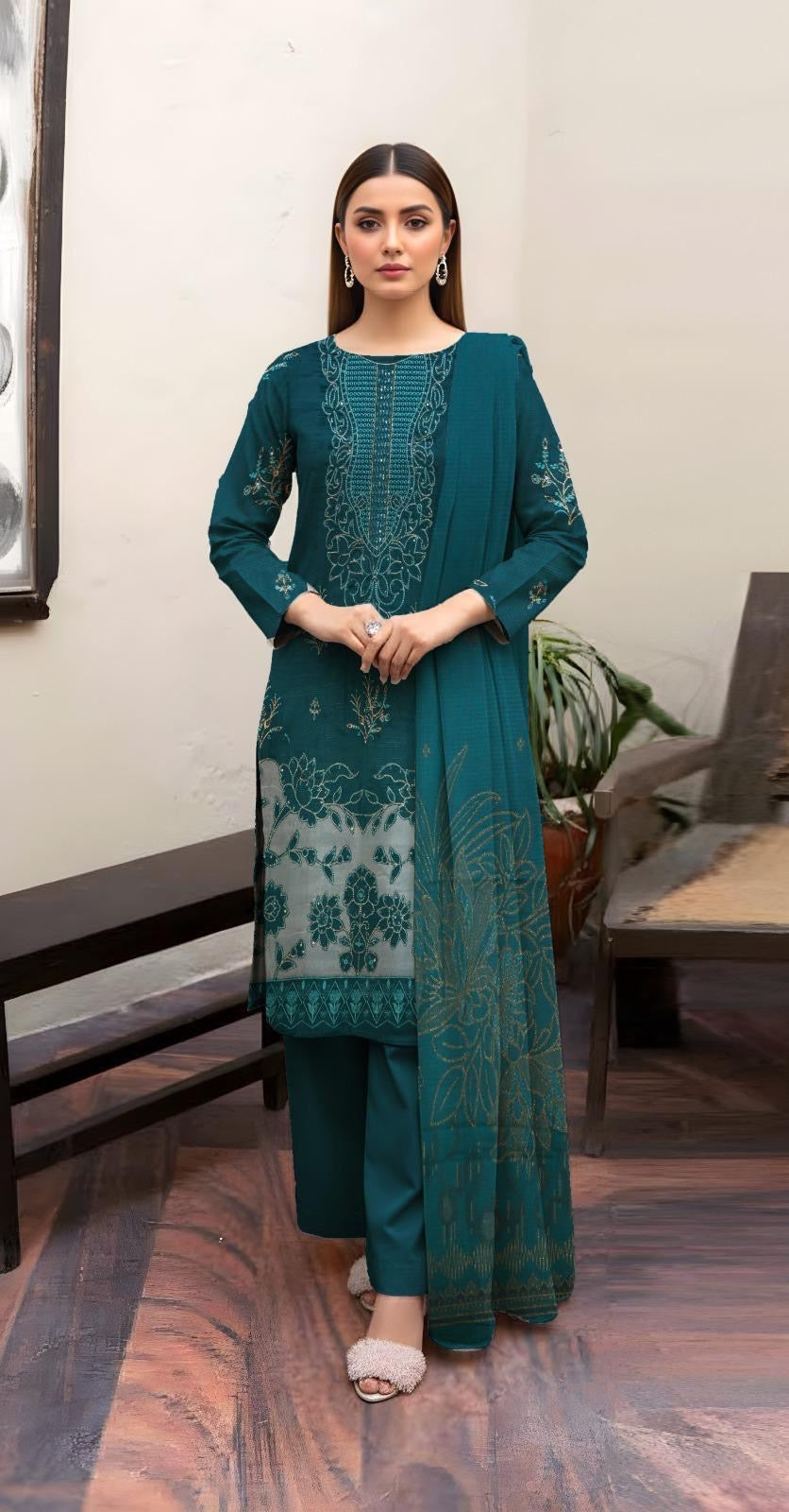 “BAVLI” BY ZIMAL TEXTILE SLUB VISCOS EMBROIDERD APPLIC WORK UNSTICHED 3pc WA-789
