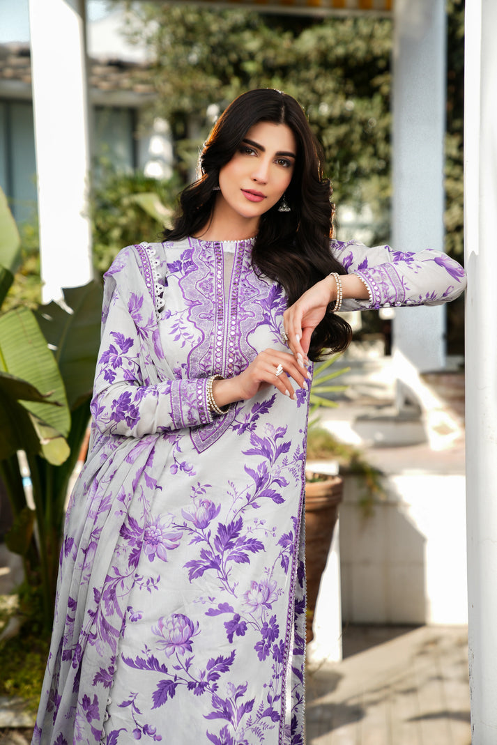 PURPLE BLOOM PRINTED EMBROIDERED LAWN UNSTICHED 3pc (WA-1955)