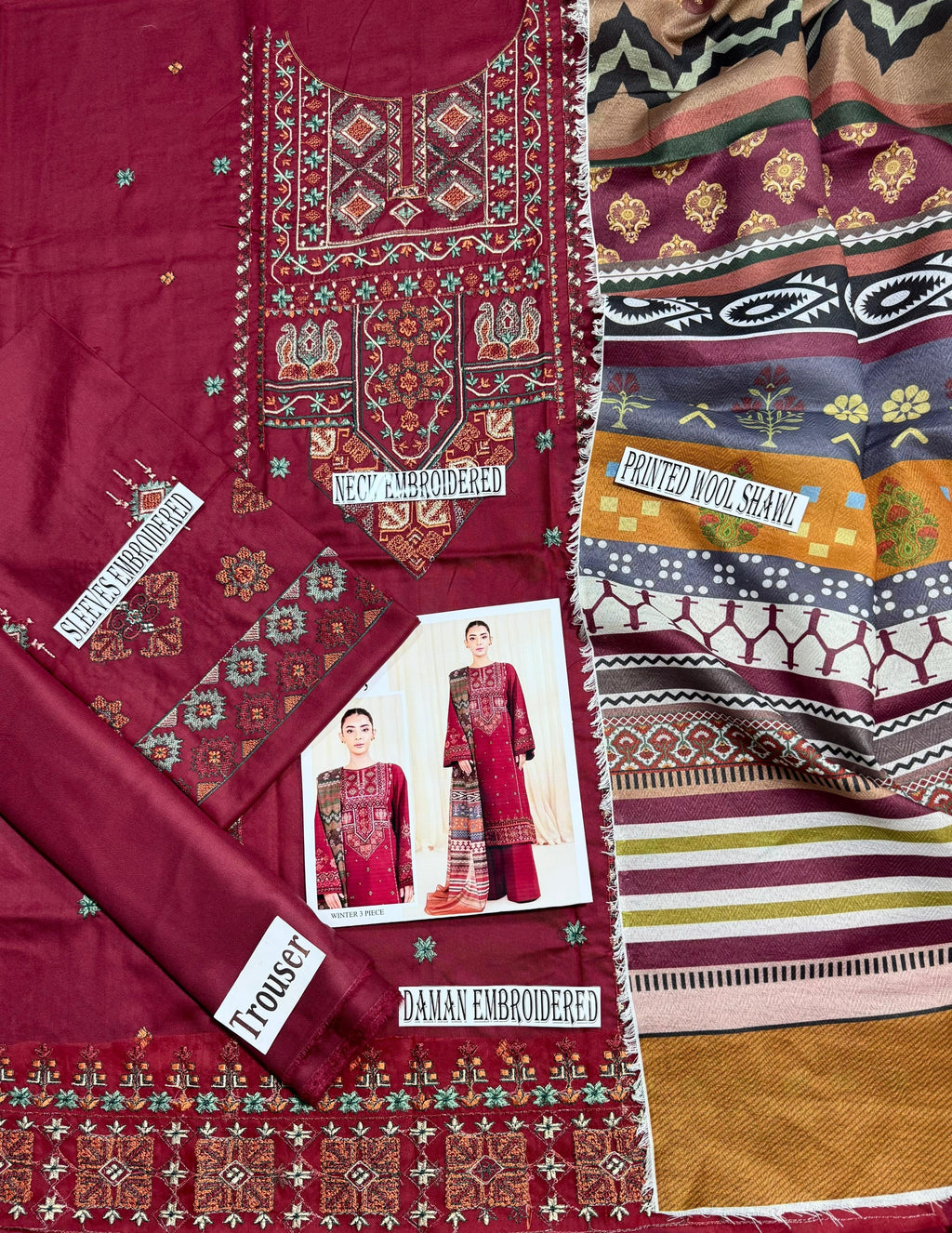 SAPPHIRE DHANK EMBROIDERD UNSTICH 3pc (WA-388)