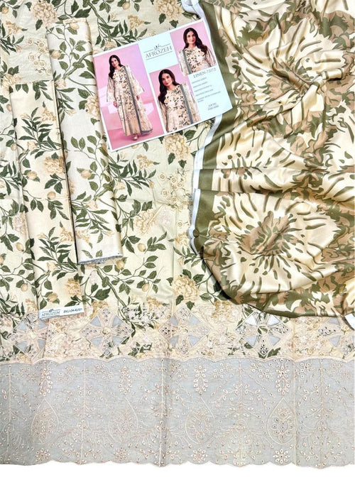 AFROZEH LUXE DAMAN LASE KARI LINEN UNSTICH 3pc(WA-759)